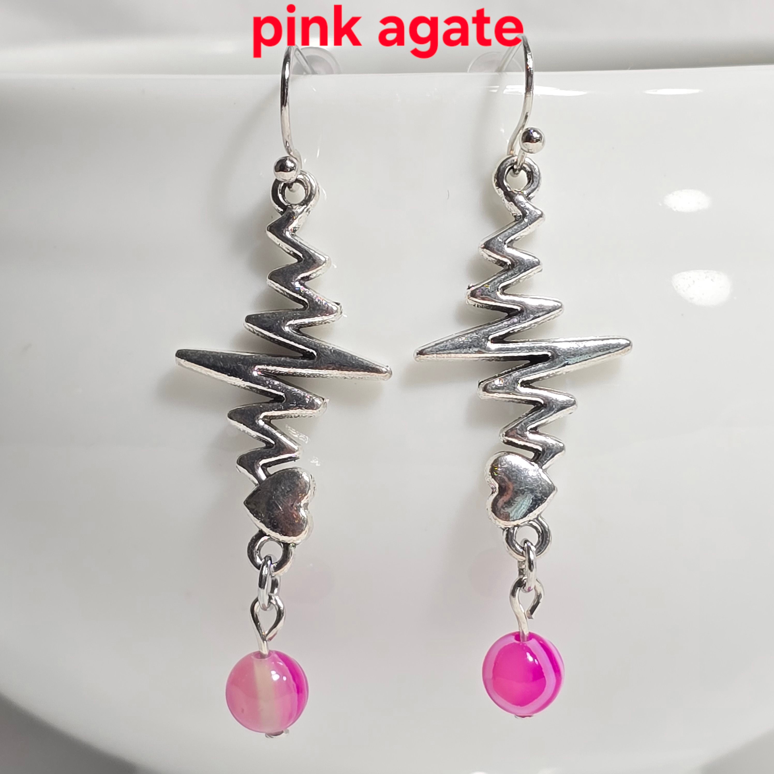 Nurse's Gift, Medical Professionals: Heartbeat EKG Pulse Dangling Earrings with Natural Stones.