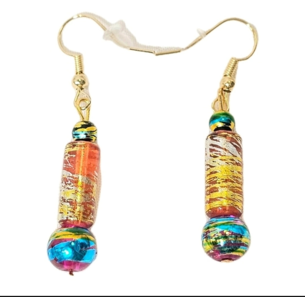 Mult-icolored Handpainted Murano Glass Drop Earrings with Gold Accents