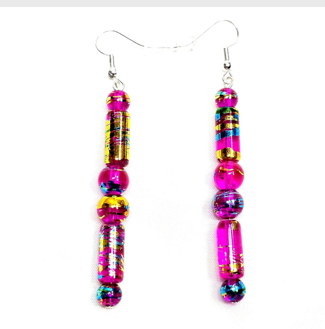 Handpainted Vibrant Pink Fuchsia Murano Glass Drop Dangling Bohenian Artistic Earrings. One of a kind.