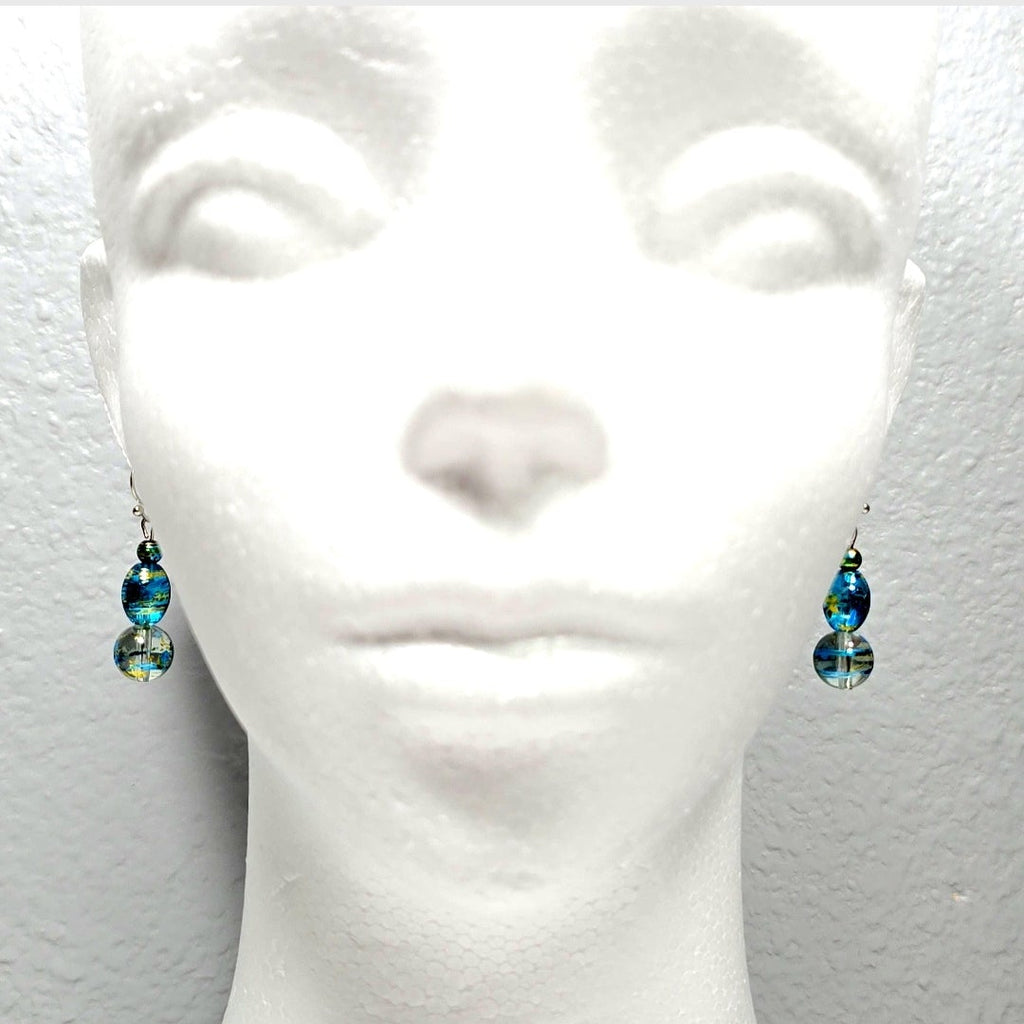 Handmade Handpainted Iridescent Torquiose Blue  Murano Glass Drop Earrings