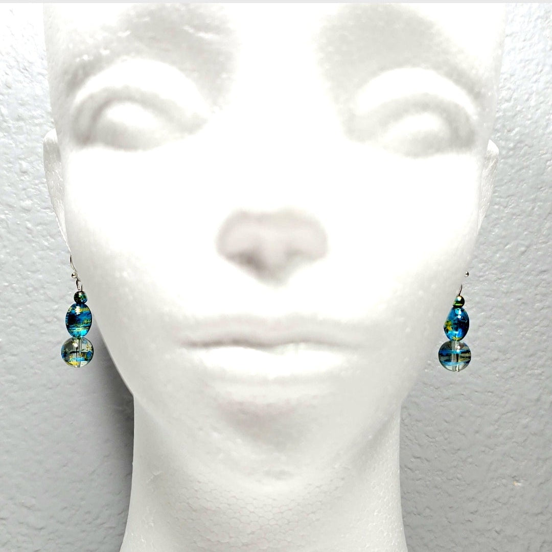 Handmade Handpainted Iridescent Torquiose Blue  Murano Glass Drop Earrings