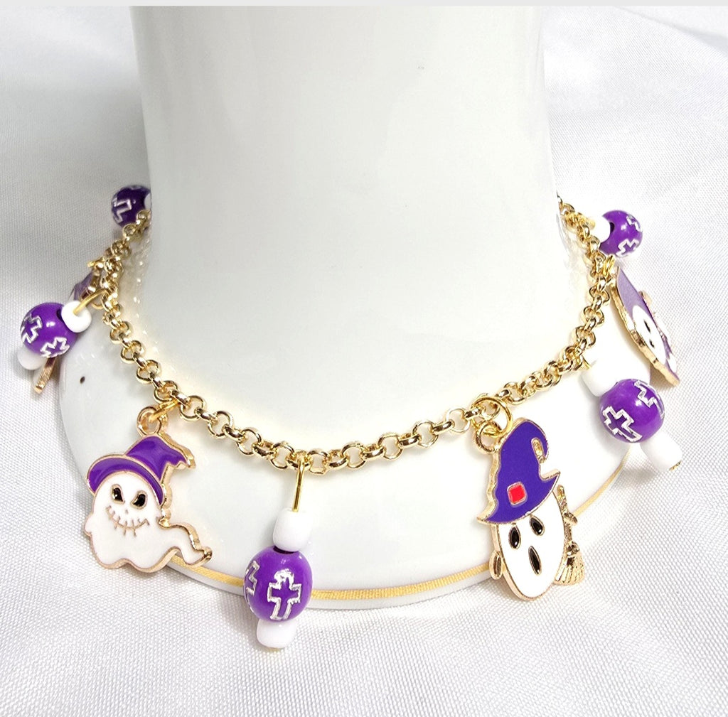 Fun Purple Ghost and Reaper Charm Beaded Bracelet: Halloween Aesthetic