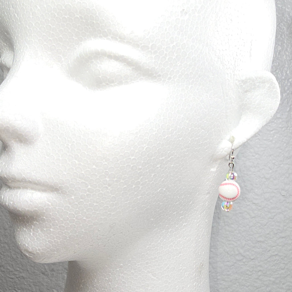 Pink Baseball Acrylic Beaded Sporty Fashion Dangling Drop Earrings. Baseball player, fan, cheerleaders , mom