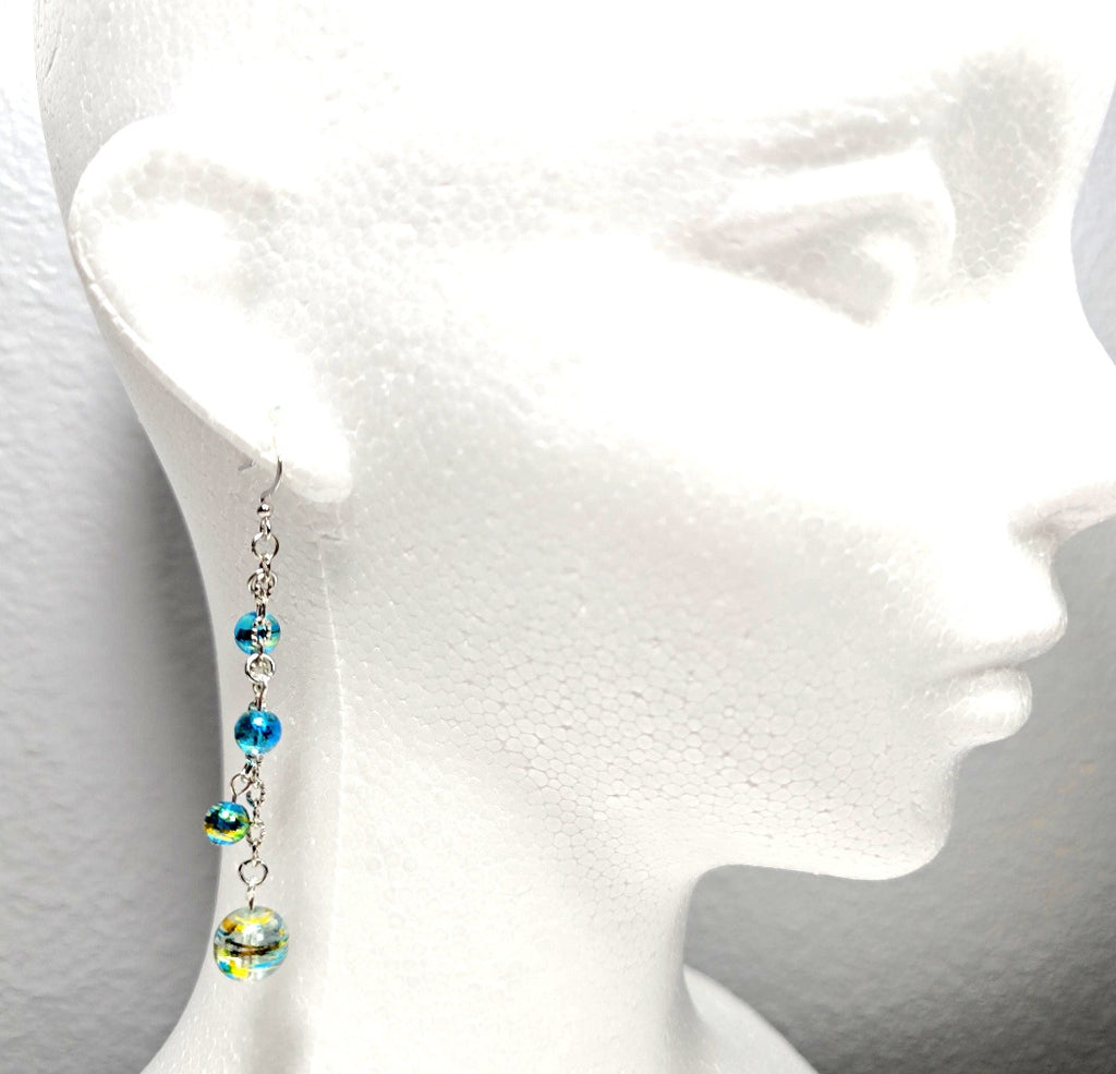 Handpainted Blue Murano Glass Drop Dangling Bohenian Artistic Earrings. One of a kind.