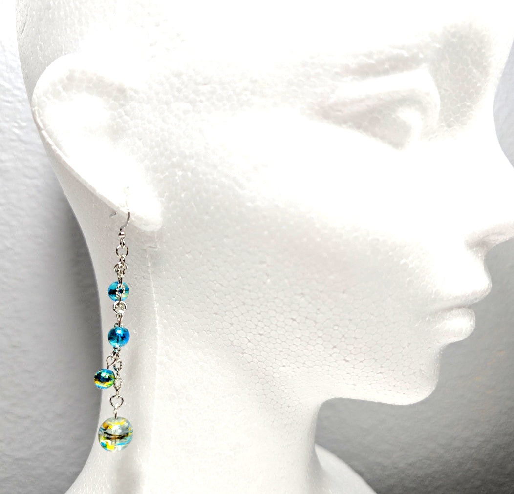Handpainted Blue Murano Glass Drop Dangling Bohenian Artistic Earrings. One of a kind.