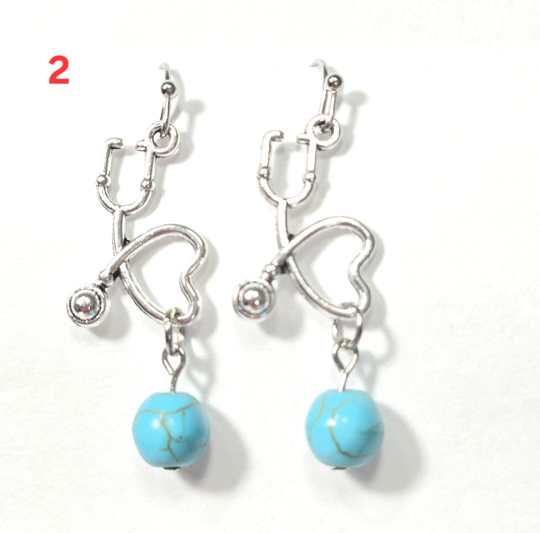 Nurse's Gift, Healthcare  Professionals: Heartbeat EKG Pulse Dangling Earrings with Blue Turquoise Bead