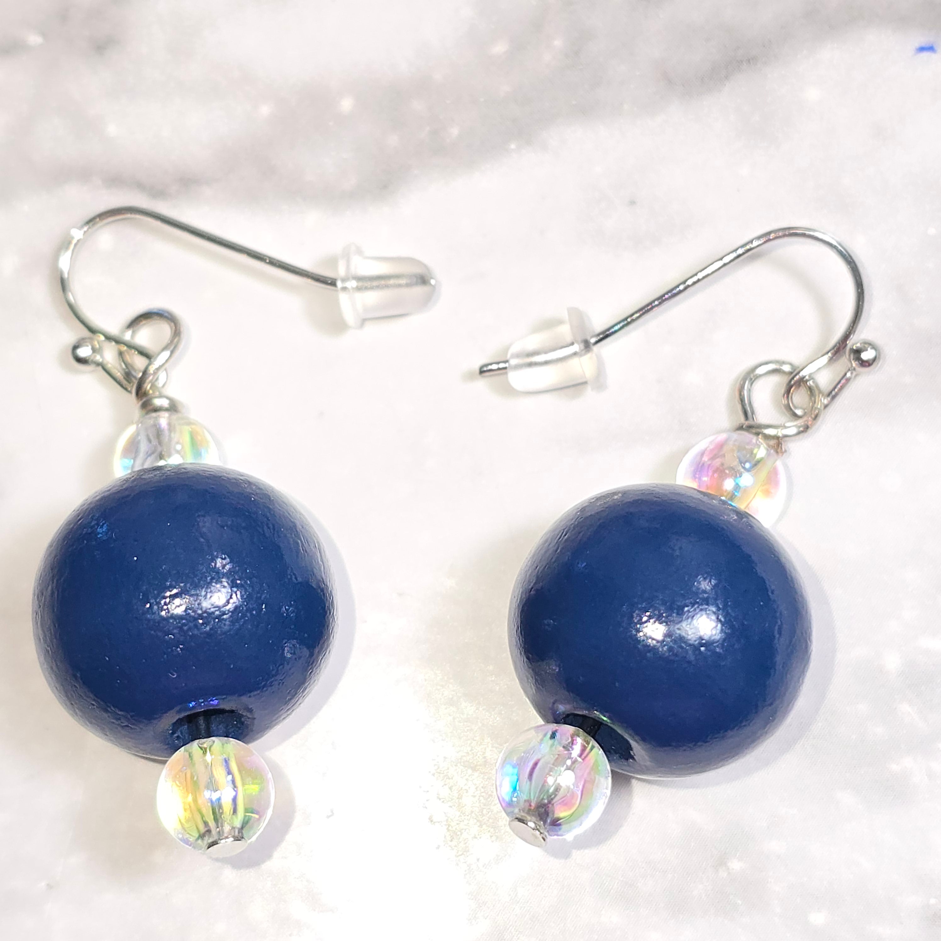 Handmade Navy Blue Wood Drop Dangling Bohemian Artistic Coastal Nautical Earrings