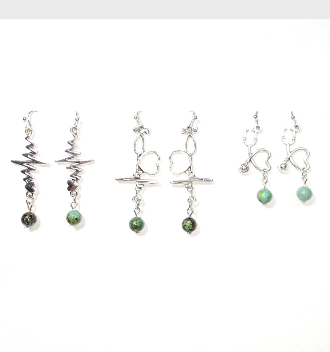 Heartbeat  EKG, Stethoscope Dangling Earrings with African Turquoise for Medical Professionals . Nurse's Gift Idea