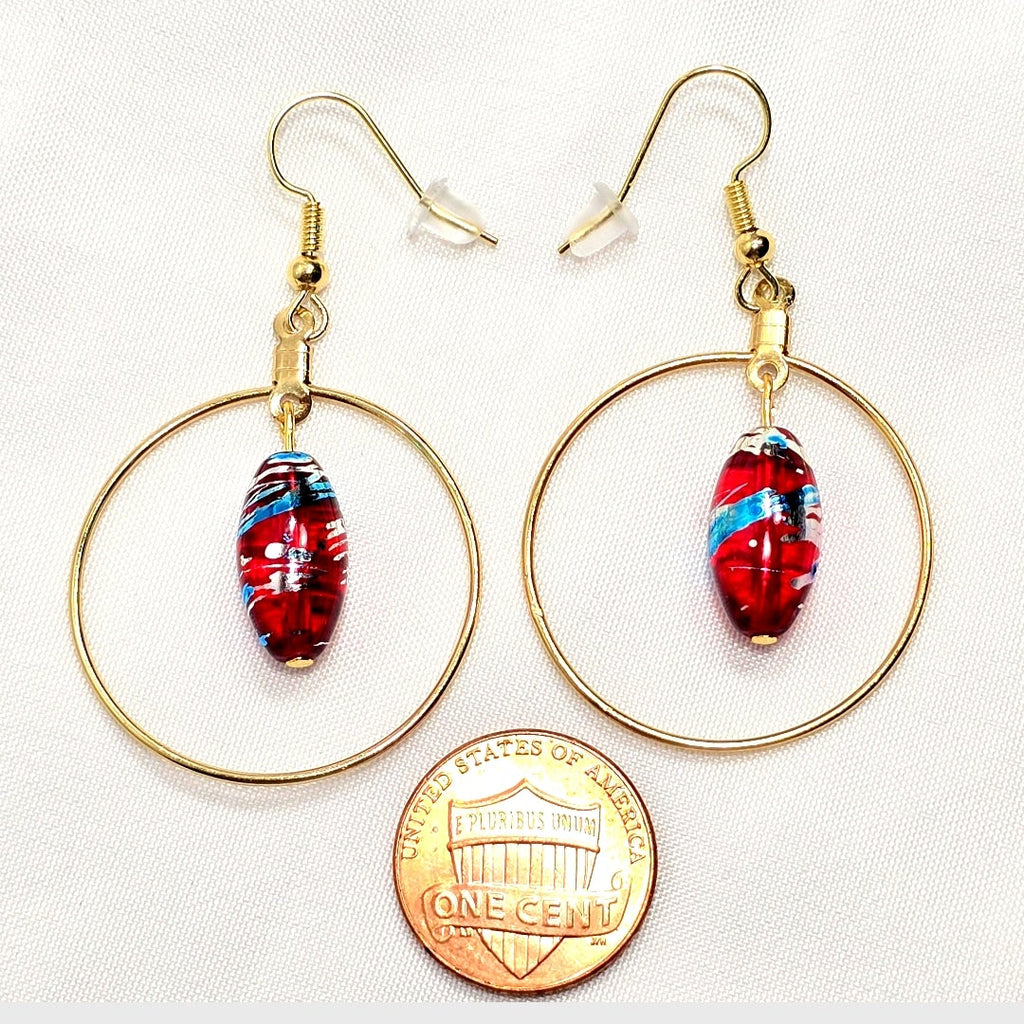 Handpainted Red Murano Glass Gold Round Drop Dangling Bohenian Artistic Earrings