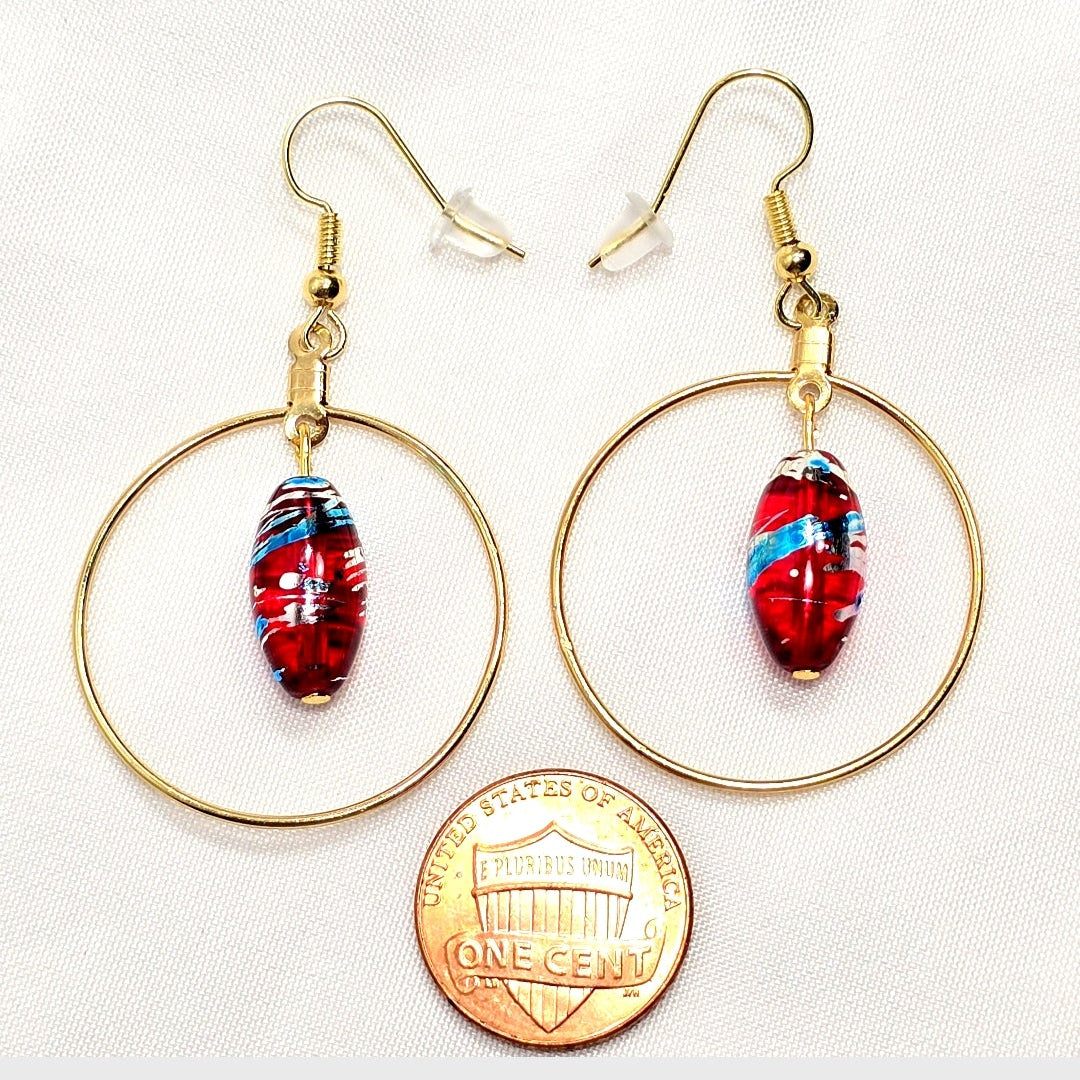 Handpainted Red Murano Glass Gold Round Drop Dangling Bohenian Artistic Earrings