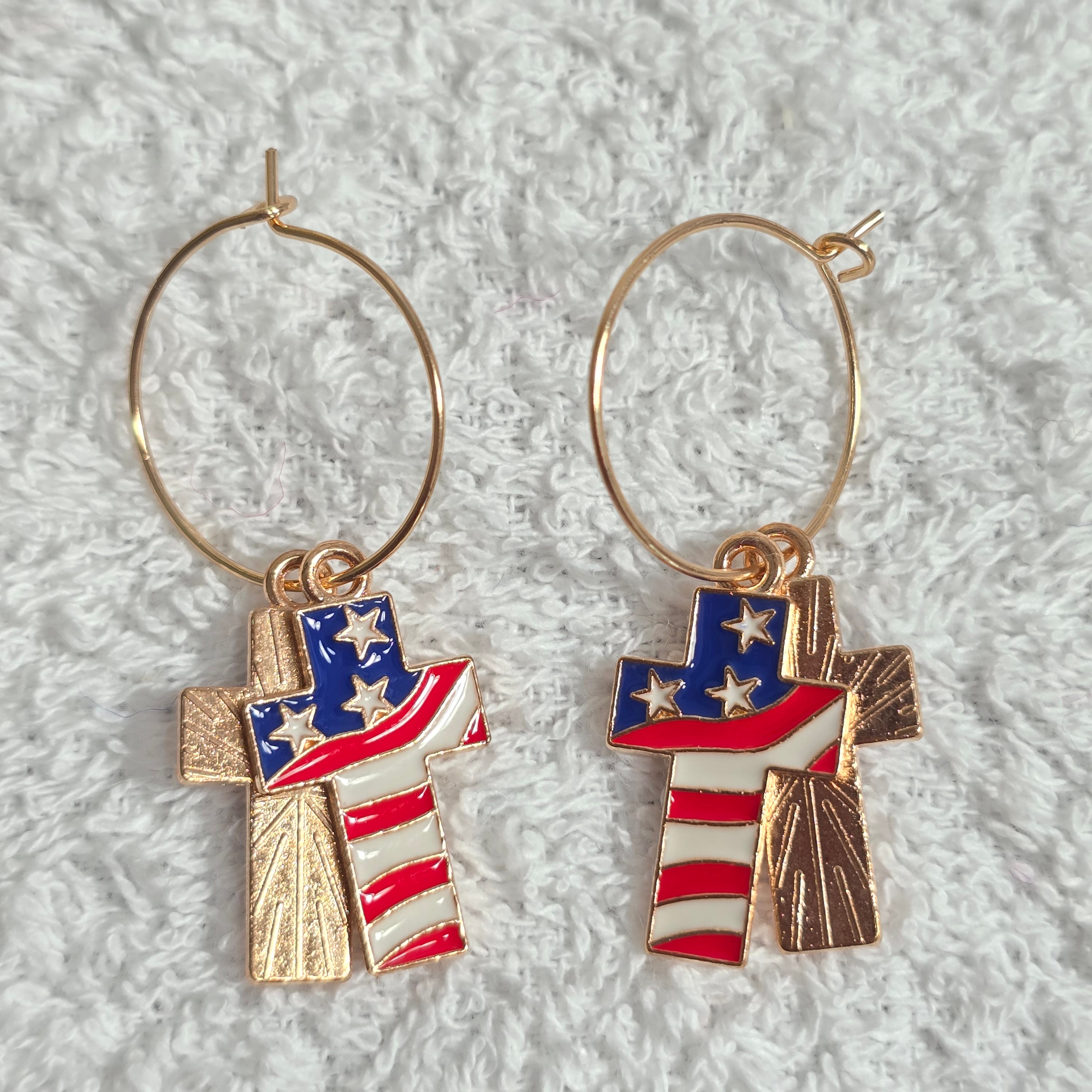 2 Pairs of Enamel American Flag  Patriotic Independence Day July 4th  Themed Earrings