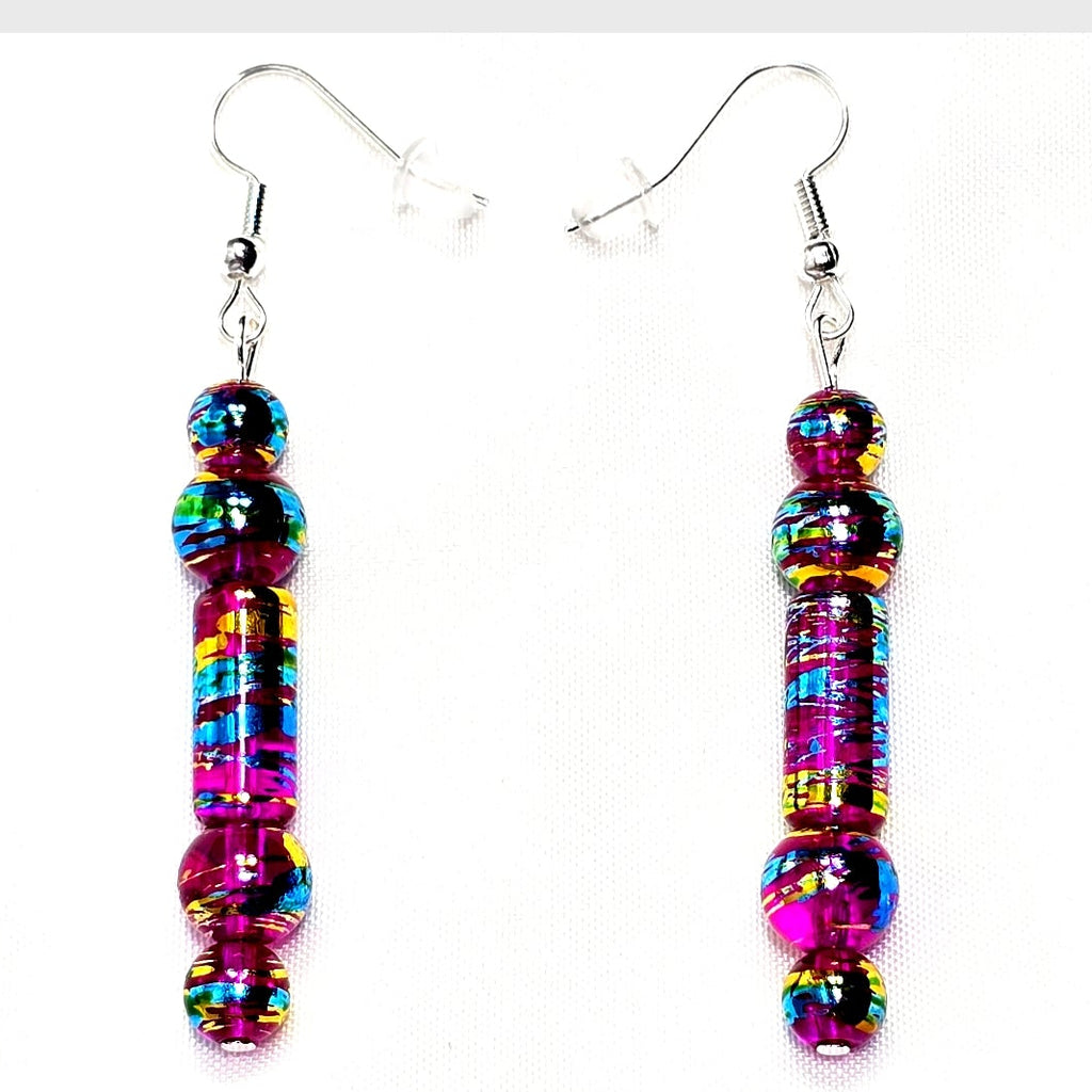 Handpainted Magenta Pink Fuchsia Murano Glass Drop Dangling Bohenian Artistic Earrings. One of a kind.