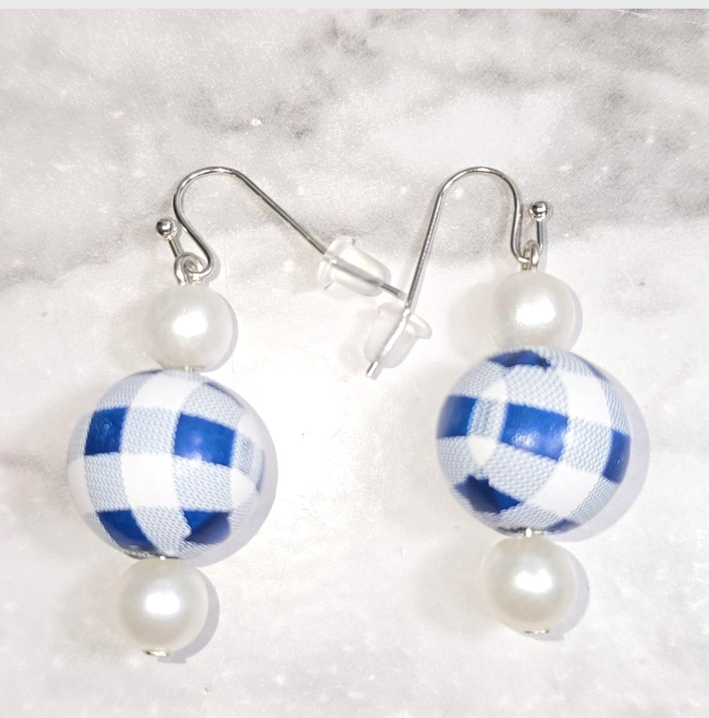 Handpainted Blue and White Gingham Wood Drop Dangling Bohemian Artistic Coastal Nautical Earrings