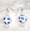 Handpainted Blue and White Gingham Wood Drop Dangling Bohemian Artistic Coastal Nautical Earrings