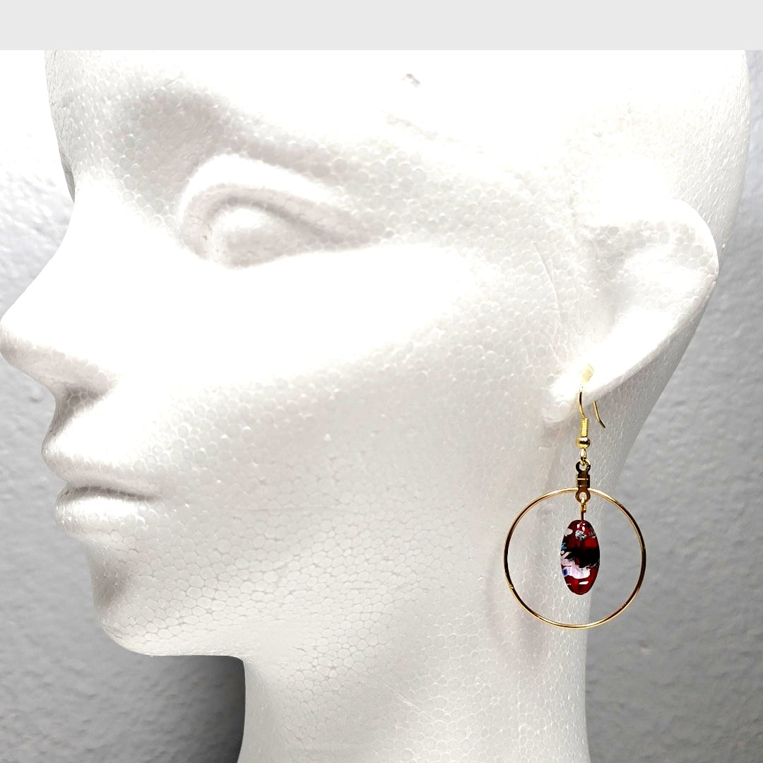 Handpainted Red Murano Glass Gold Round Drop Dangling Bohenian Artistic Earrings