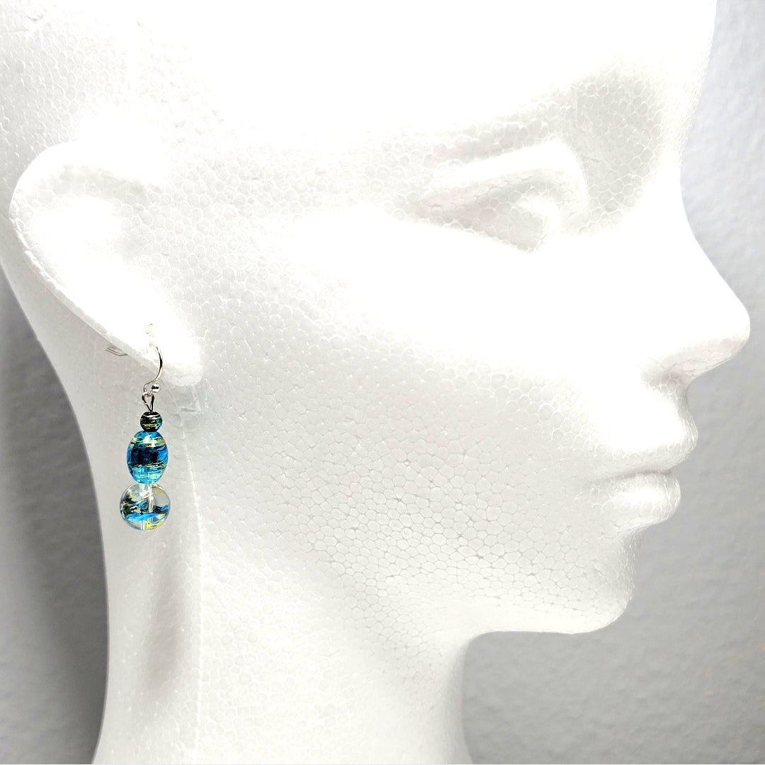 Handmade Handpainted Iridescent Torquiose Blue  Murano Glass Drop Earrings