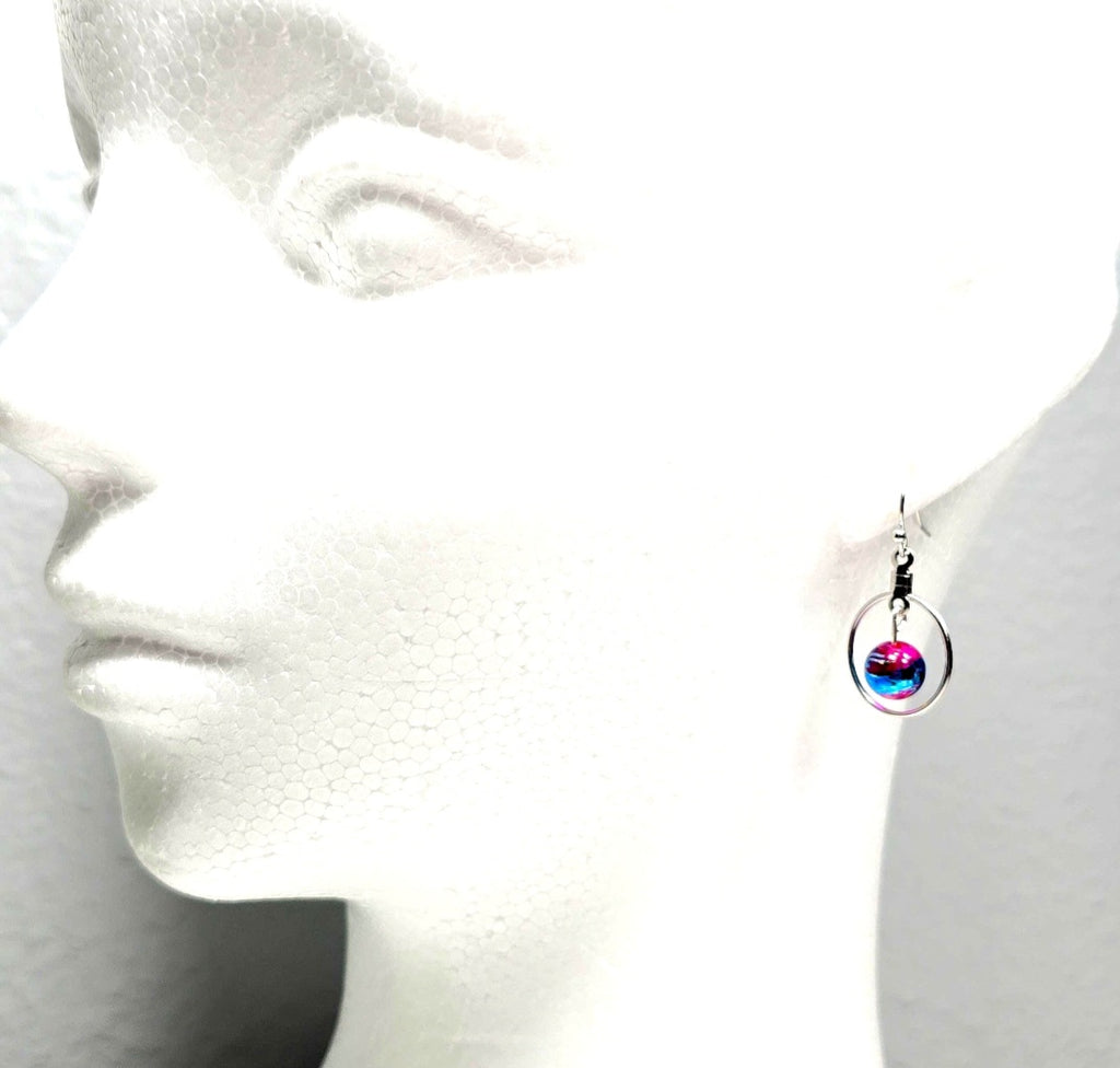 Handpainted Pink Murano Glass Silver Round Drop Dangling Bohemian Artistic Earrings