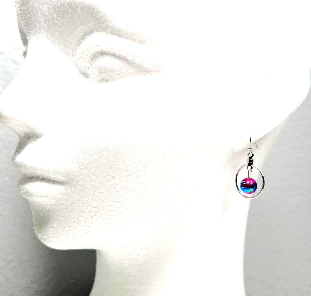 Handpainted Pink Murano Glass Silver Round Drop Dangling Bohemian Artistic Earrings