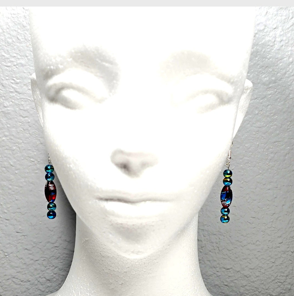 Multi-colored Blue Red Handpainted Murano Glass Drop Earrings with Silver Ear Wire