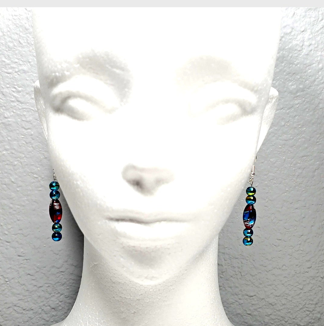 Multi-colored Blue Red Handpainted Murano Glass Drop Earrings with Silver Ear Wire