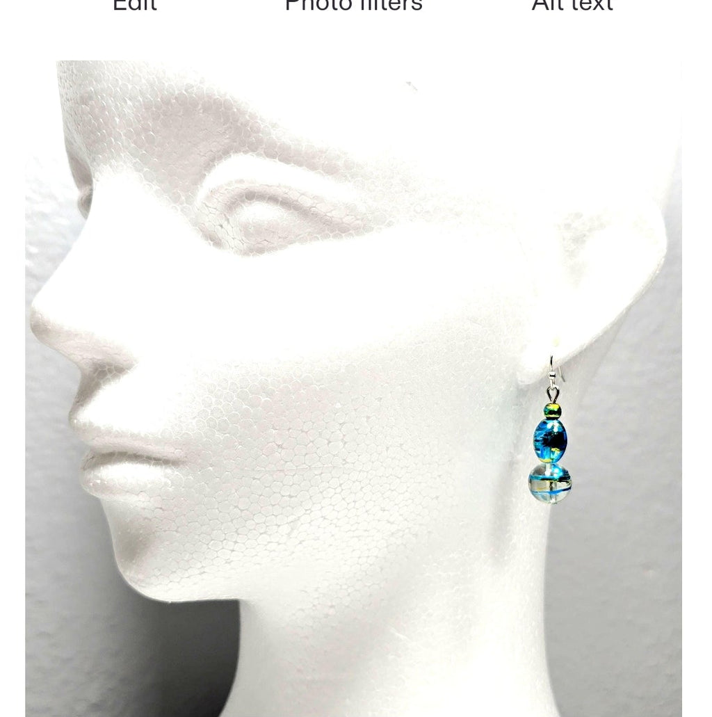 Handmade Handpainted Iridescent Blue Torquiose Murano Glass Drop Earrings with Silver Accents