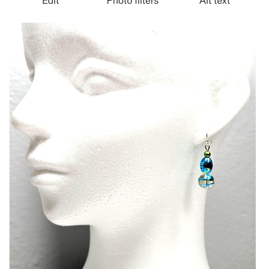 Handmade Handpainted Iridescent Blue Torquiose Murano Glass Drop Earrings with Silver Accents