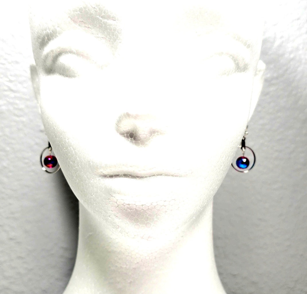 Handpainted Pink Murano Glass Silver Round Drop Dangling Bohemian Artistic Earrings