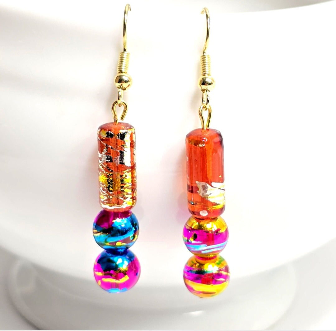 Handpainted Orange Murano Glass Drop Dangling Bohenian Artistic Earrings. One of a kind.