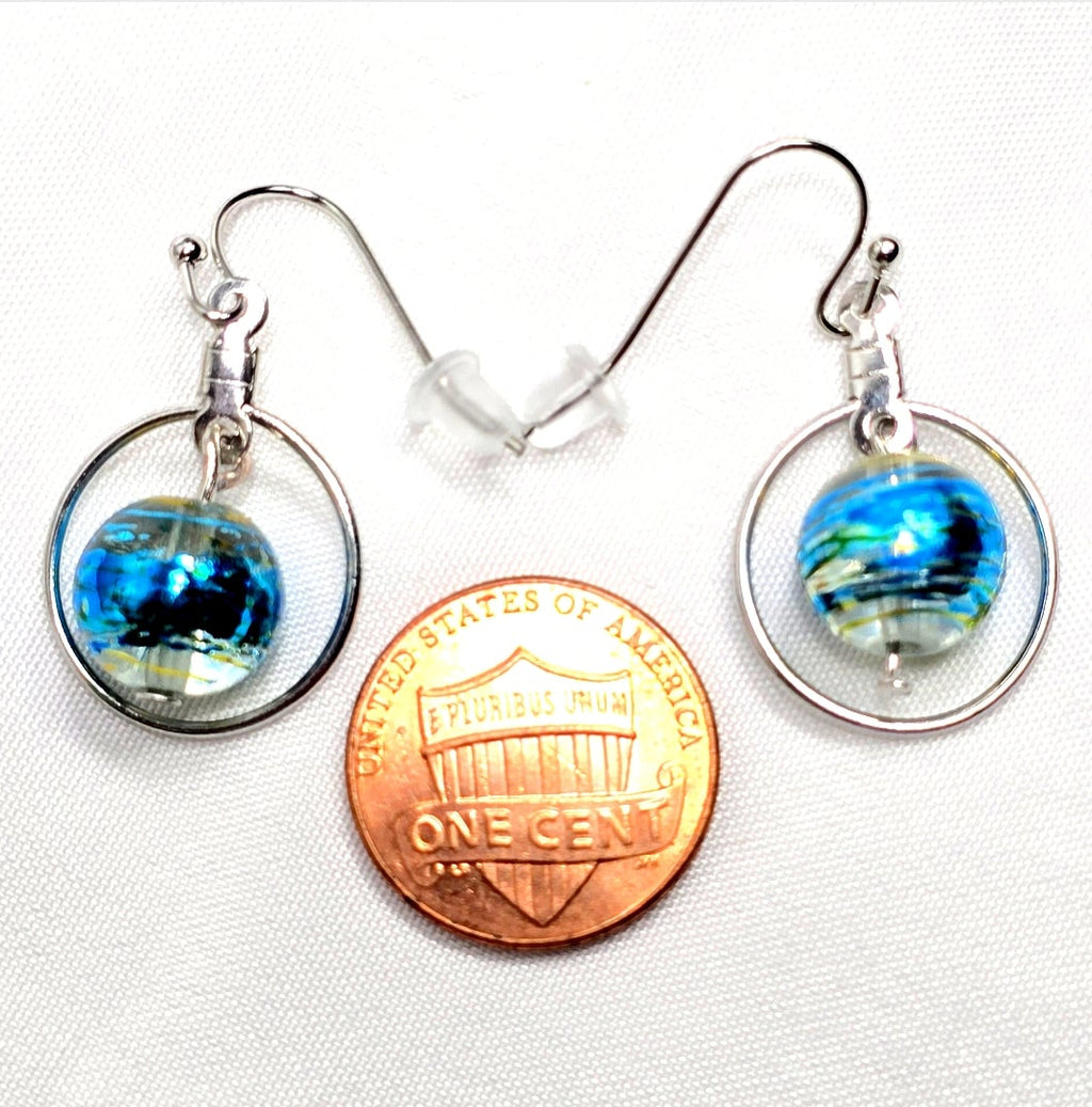 Handpainted Blue Murano Glass Silver Hoop Drop Dangling Bohemian Artistic Earrings