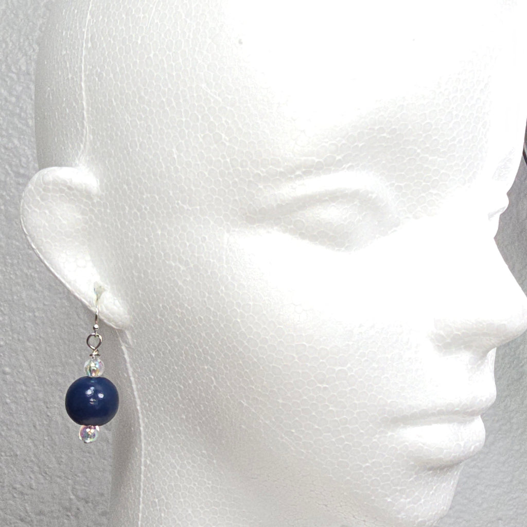 Handmade Navy Blue Wood Drop Dangling Bohemian Artistic Coastal Nautical Earrings