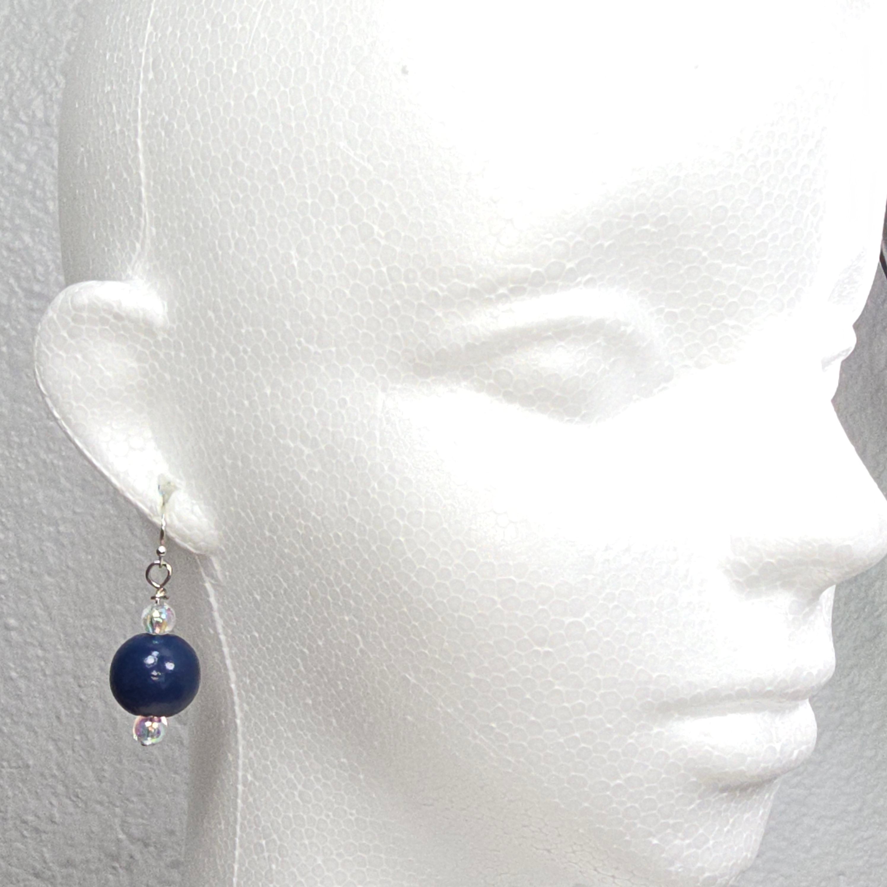 Handmade Navy Blue Wood Drop Dangling Bohemian Artistic Coastal Nautical Earrings