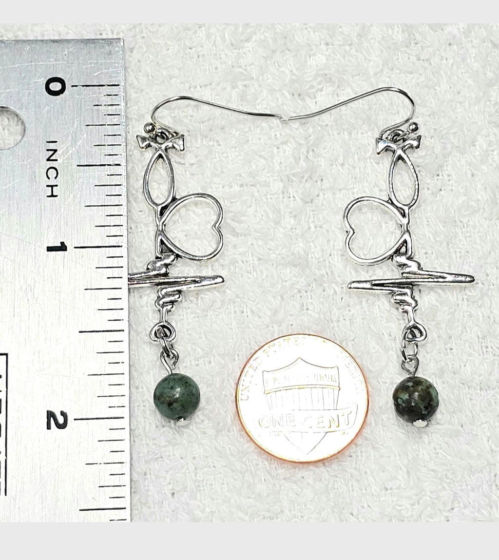 Heartbeat  EKG, Stethoscope Dangling Earrings with African Turquoise for Medical Professionals . Nurse's Gift Idea