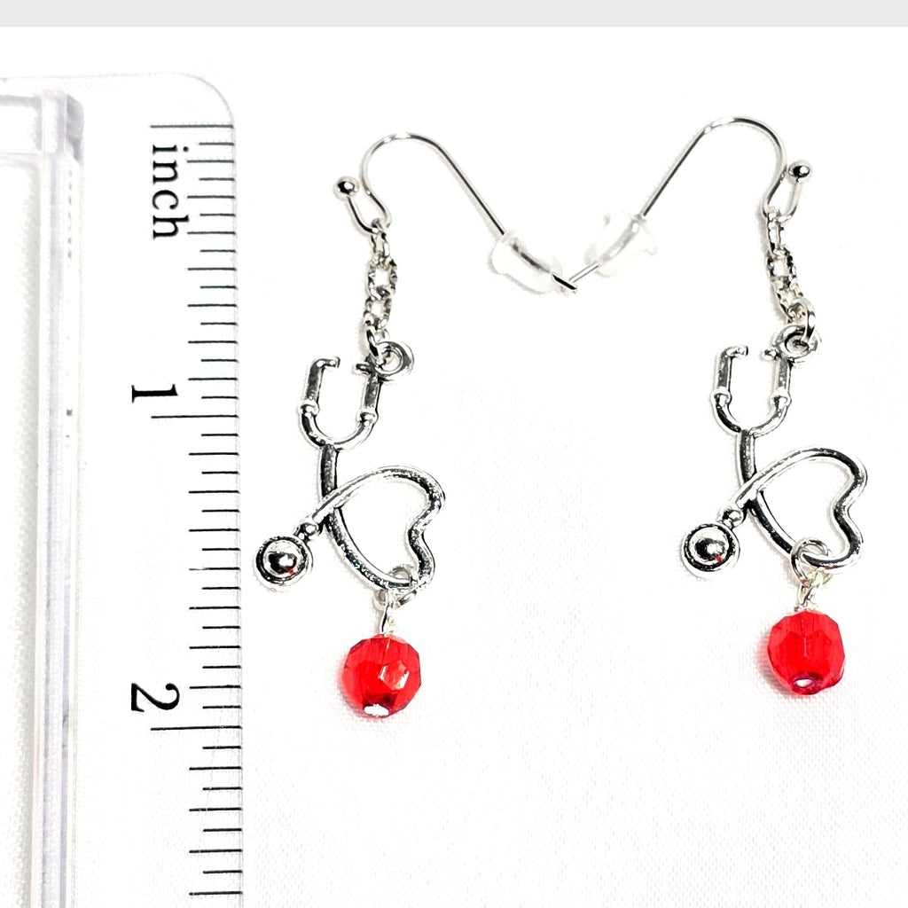 Silver Tone Stethoscope Dangling Earrings with Red Glass Bead: Nurse's Gift, Medical Professionals