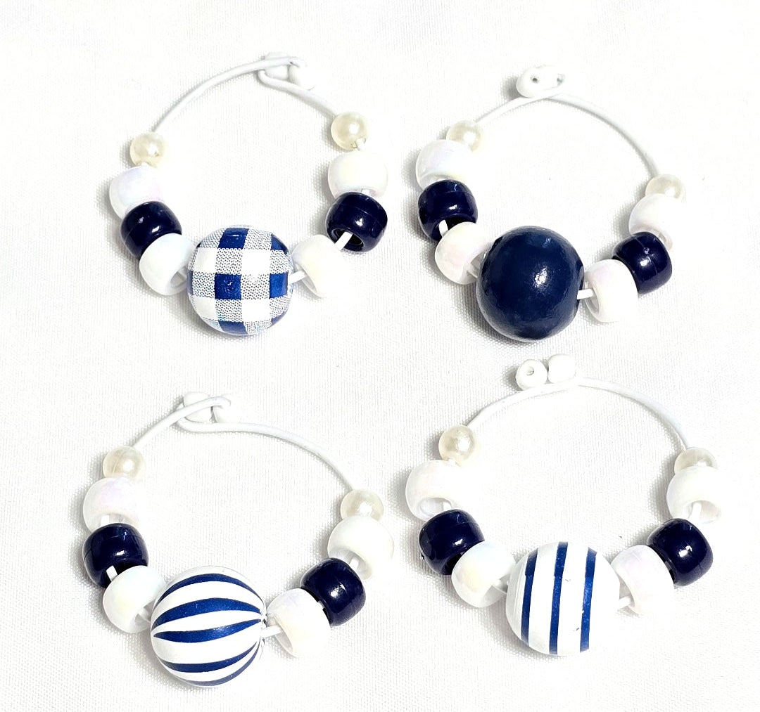 4 Blue and White Stripe Beach Nautical Coastal-themed Beaded Wine Glass Charms: Party or Bar Accessory