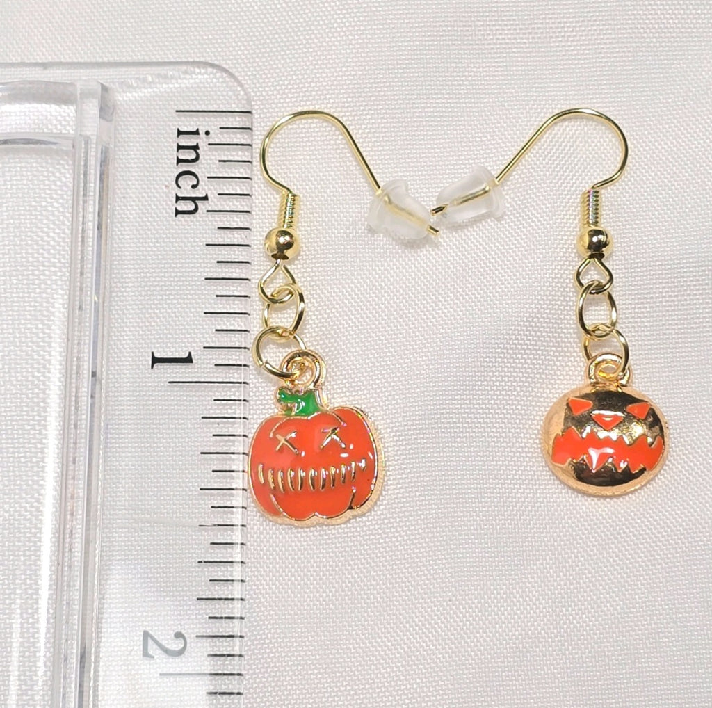 Mismatched Halloween Jack-O'- Lantern Whimsical  Drop Earrings