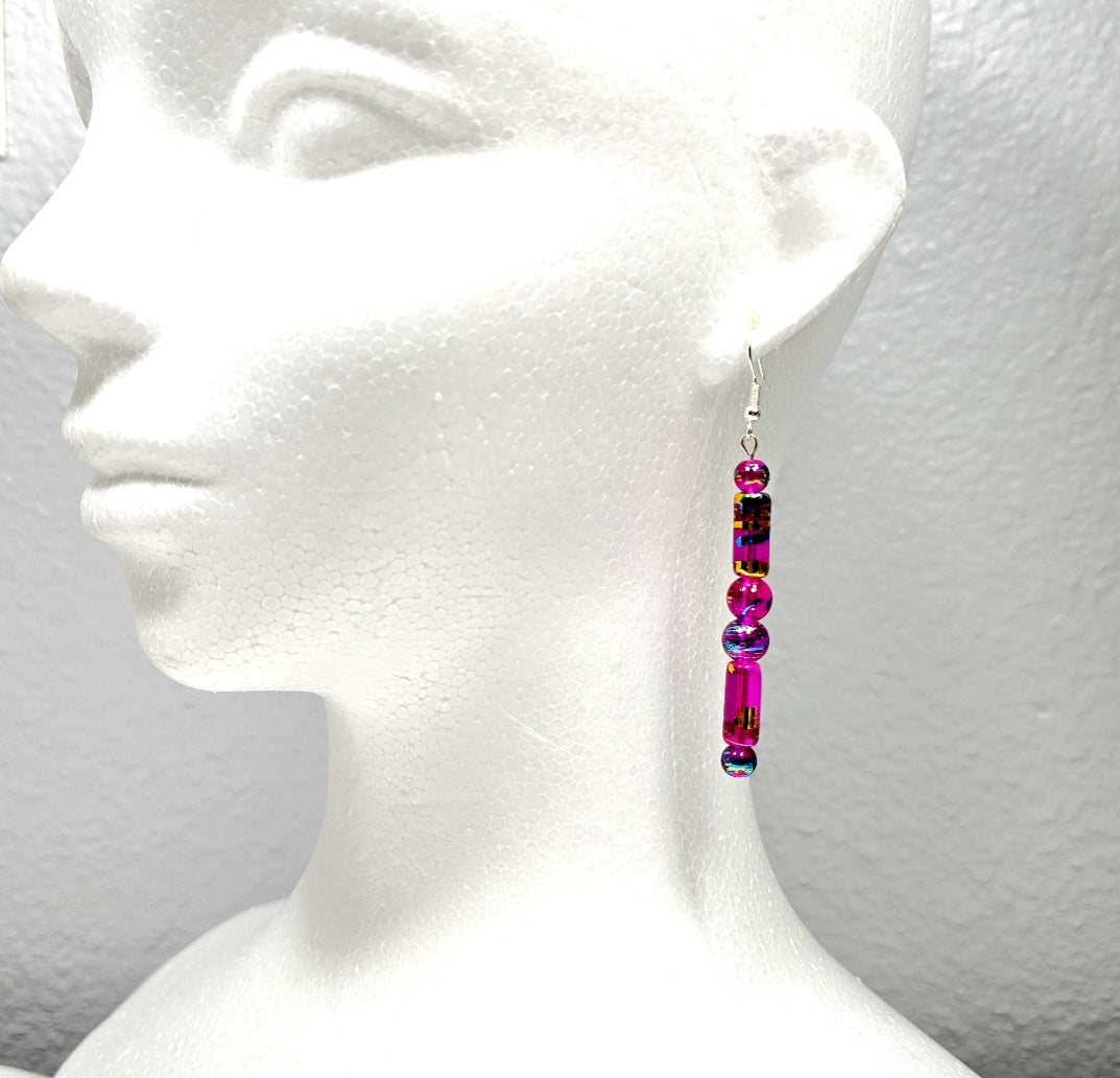 Handpainted Pink Murano Glass Drop Dangling Bohenian Artistic Earrings. One of a kind.