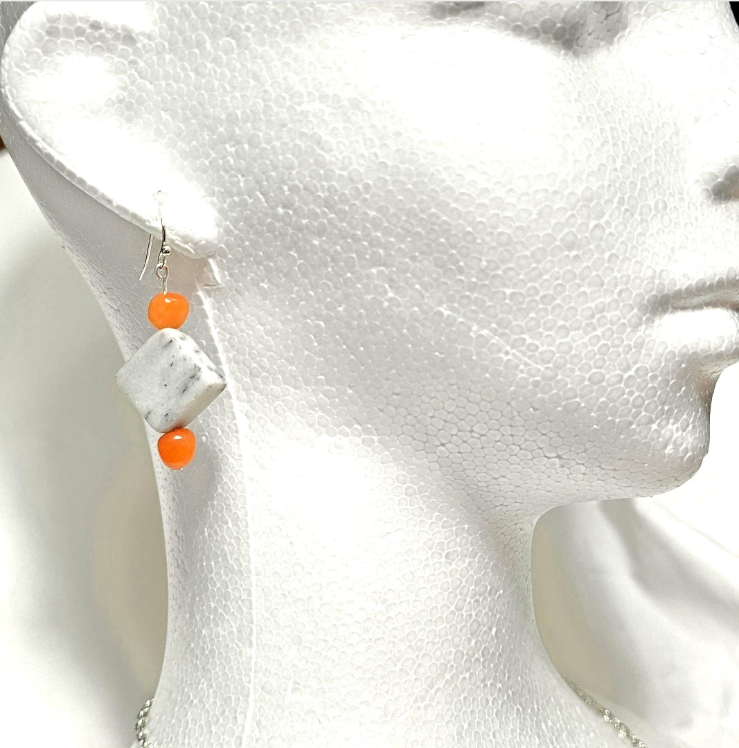 Handmade Gray Marble Pendant with Orange Carnelian stones on silver-tone chain. Y2K Bohenian Necklace Set. Neutral elegant versatile