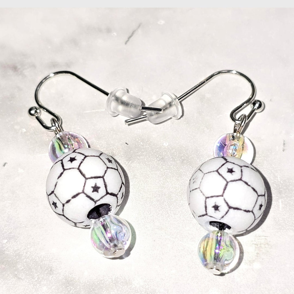 Soccer Ball Acrylic Beaded Sporty Fashion Dangling Drop Earrings. Soccer player, fan, cheerleaders, mom