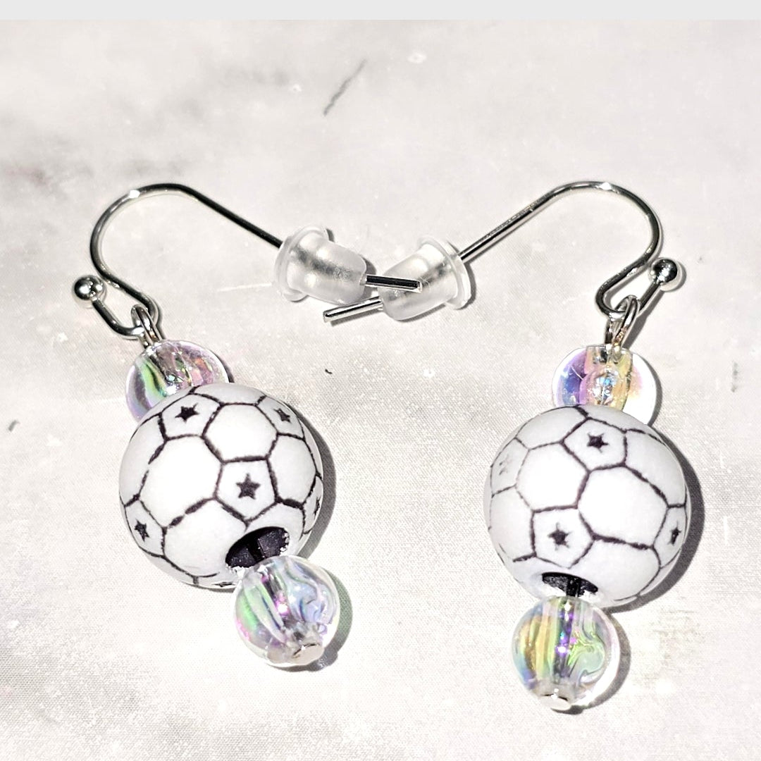 Soccer Ball Acrylic Beaded Sporty Fashion Dangling Drop Earrings. Soccer player, fan, cheerleaders, mom
