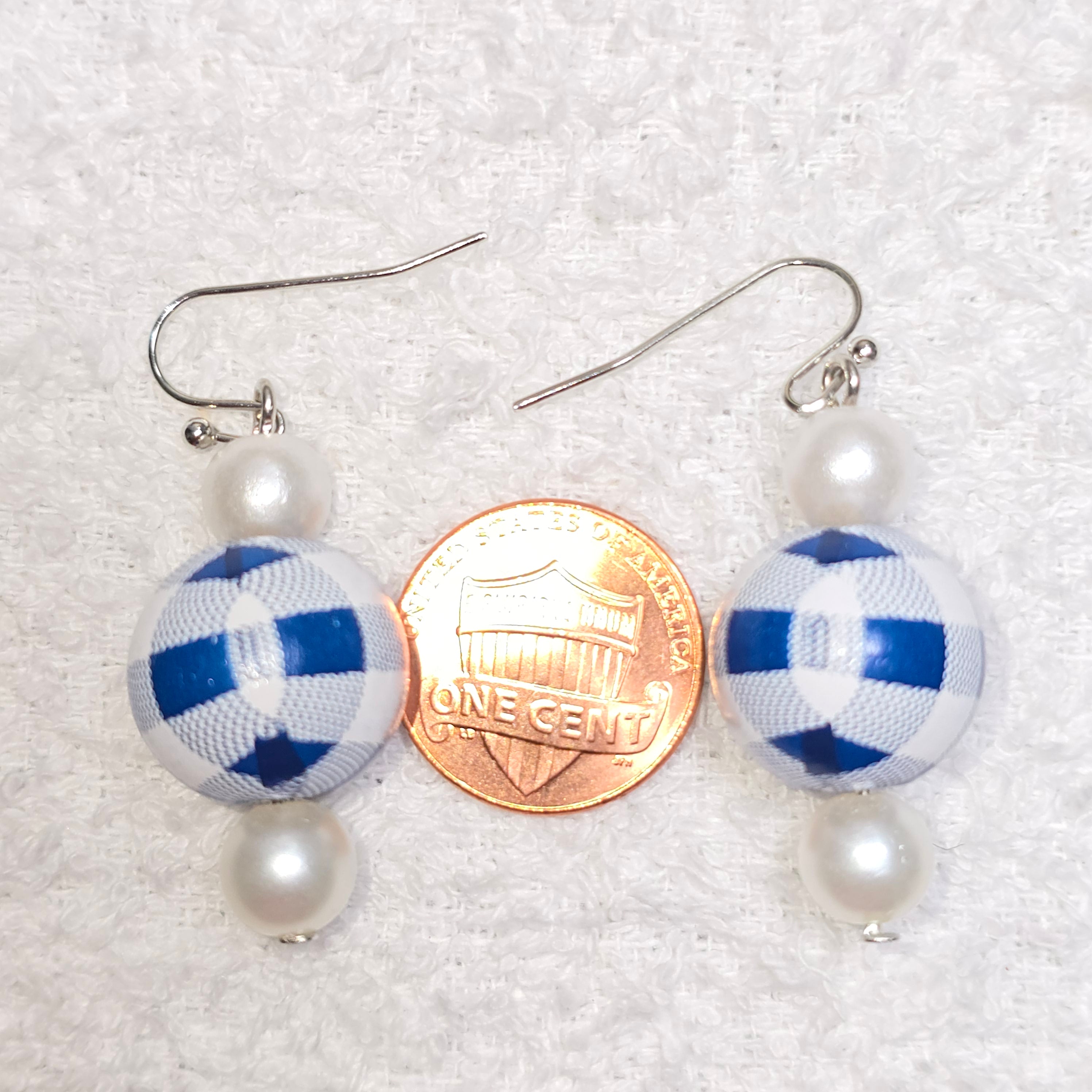 Handpainted Blue and White Gingham Wood Drop Dangling Bohemian Artistic Coastal Nautical Earrings