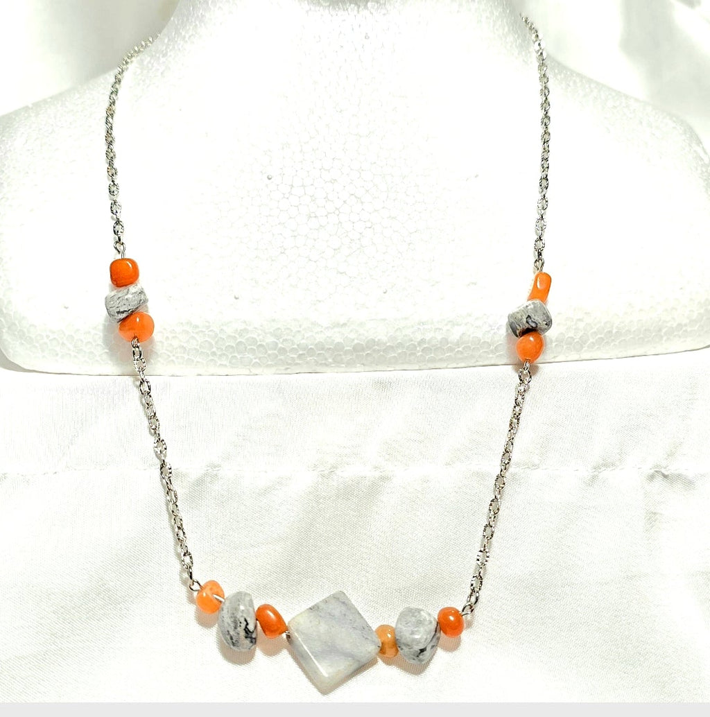 Handmade Gray Marble Pendant with Orange Carnelian stones on silver-tone chain. Y2K Bohenian Necklace Set. Neutral elegant versatile