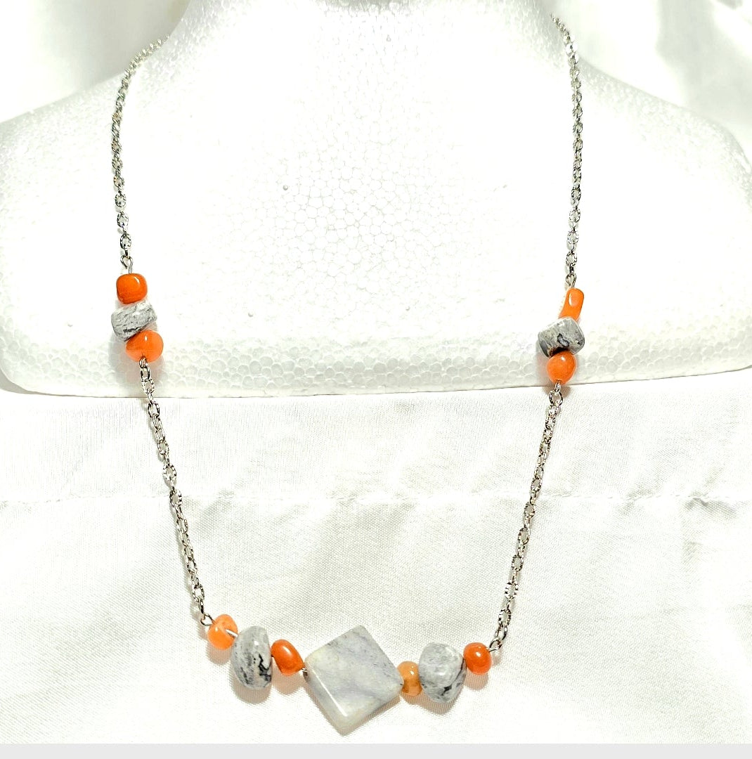 Handmade Gray Marble Pendant with Orange Carnelian stones on silver-tone chain. Y2K Bohenian Necklace Set. Neutral elegant versatile