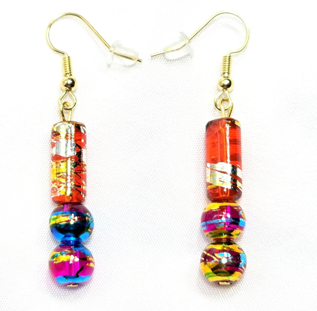 Handpainted Orange Murano Glass Drop Dangling Bohenian Artistic Earrings. One of a kind.