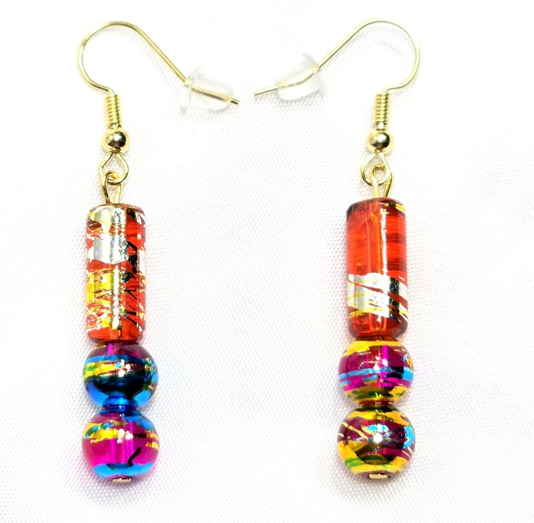 Handpainted Orange Murano Glass Drop Dangling Bohenian Artistic Earrings. One of a kind.