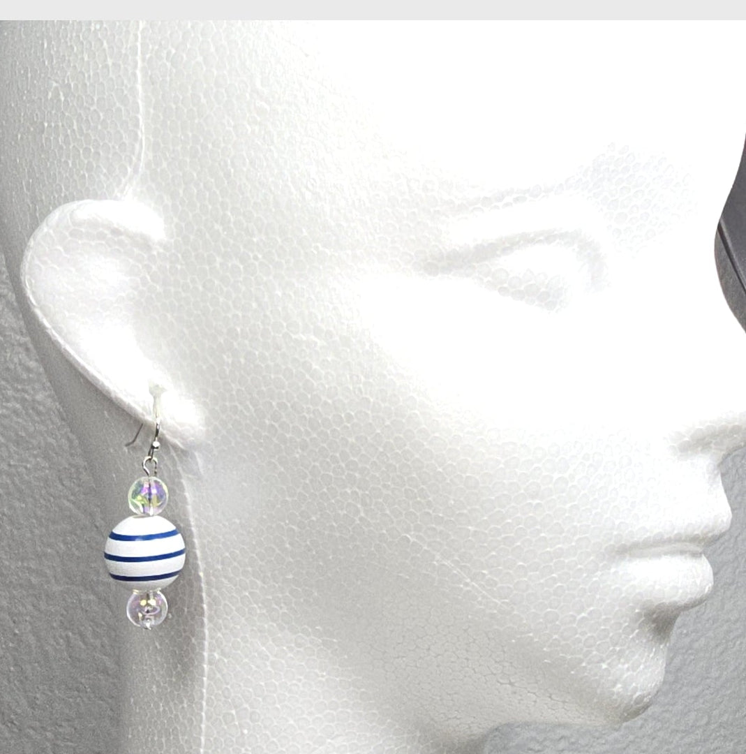 Handpainted Blue and White Stripe Wood Drop Dangling Bohemian Artistic Coastal Nautical Earrings
