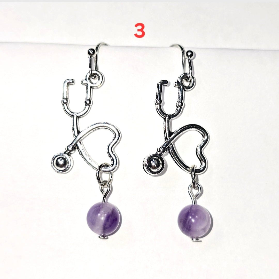 Nurse's Gift. Healthcare Professionals:  Amethyst Dangling Earrings. Heartbeat  EKG, Stethoscope