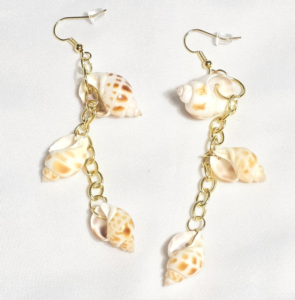 Natural shell earrings : coastal beach statement earrings with gold plated hooks and chains