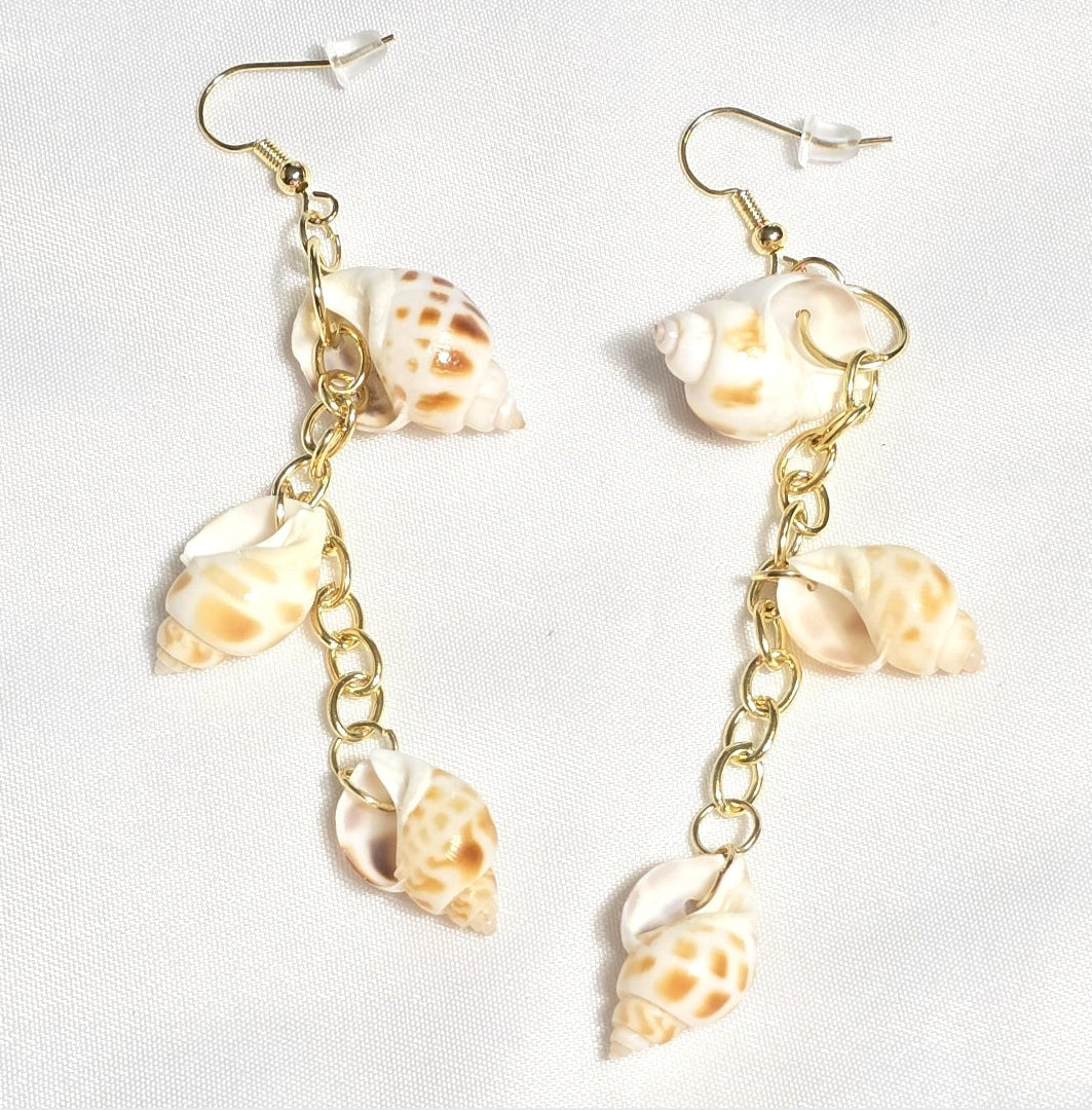Natural shell earrings : coastal beach statement earrings with gold plated hooks and chains