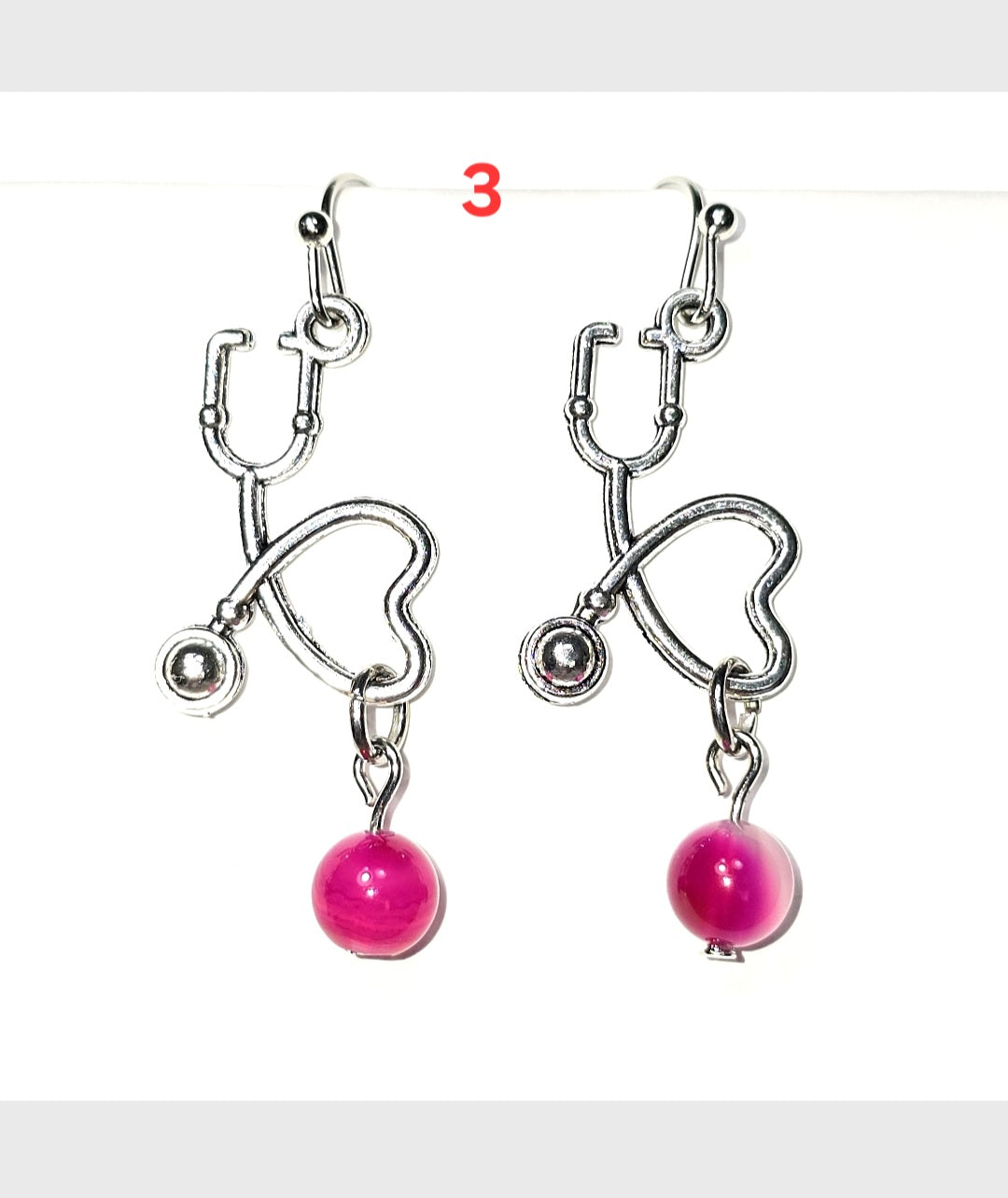 Dangling Earrings: Heartbeat  EKG, Stethoscope Design with Pink Agate Stone.. Nurse's Gift Idea under 50 dollars