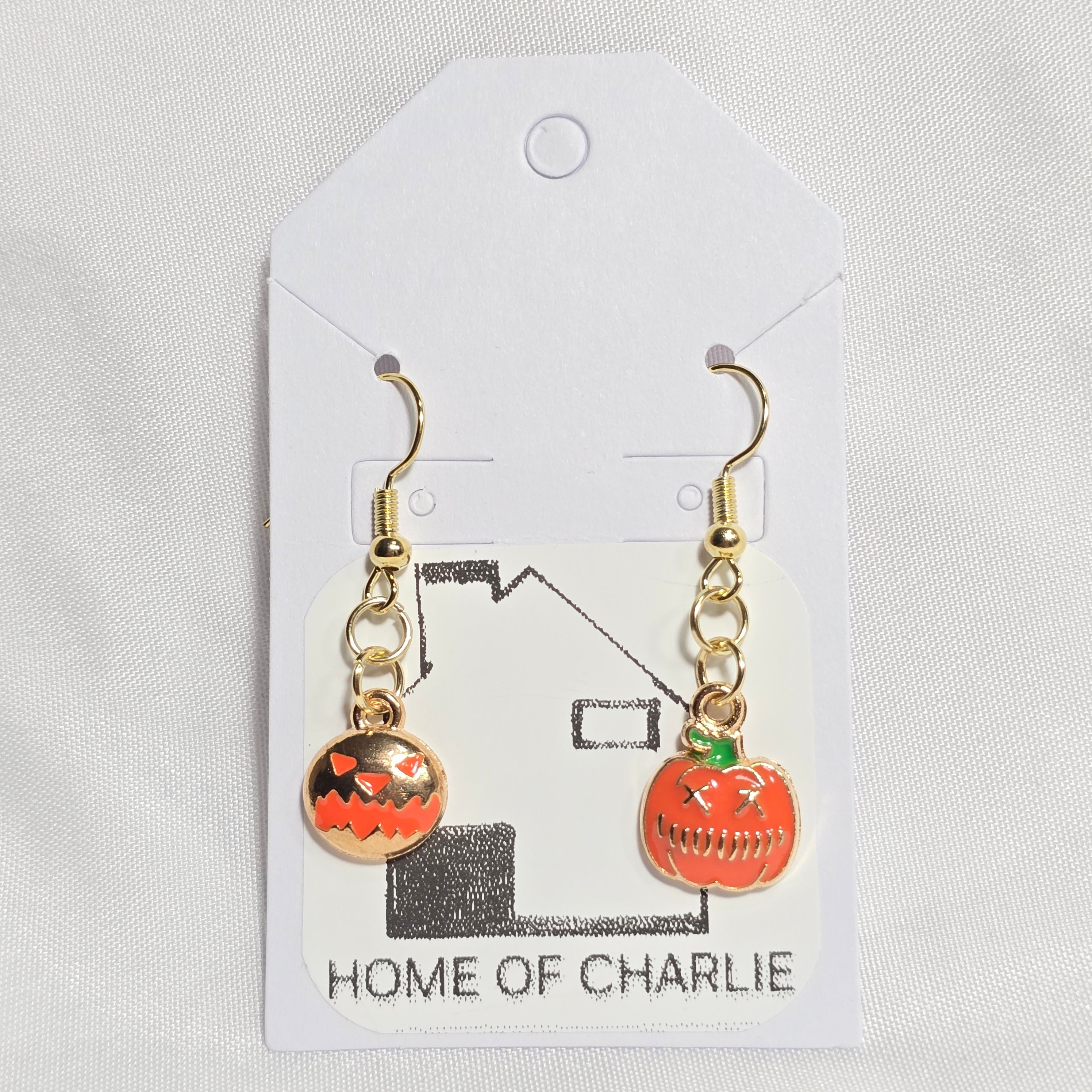 Mismatched Halloween Jack-O'- Lantern Whimsical  Drop Earrings